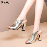Leather High Heeled Sandals Woman Summer Heels Shoes Peep Toe Chunky Heel Sexy for Female Korea Style Black