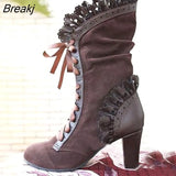 Women's Mid Calf Boots Ladies Lace Up High Heels Female Sexy Shoes Woman Ruffle Flock Retro Boots Women Elegant