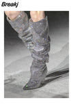 New Luxury Crystal Shoes Woman Pointed Toe Knee High Boots Sexy Rhinestone Chunky Spike Heel Boots Ladies Botas