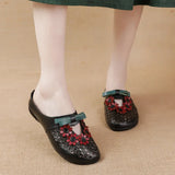 Summer New Flat Bottom Low Heel Women's Shoes National Wind Leather Flower Slippers Hollow Breathable Comfortable Hole Hole