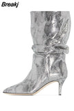 Women's Boots Snakeskin Print Pleated Mid Heel Party Shoes Pointed Toe Slip On Sexy Stiletto Women Motorcycle