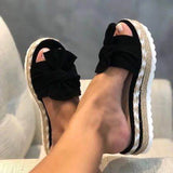 Breakj New Bow One Word Thick Bottom Slope And Hemp Rope Large Size Women Sandals Quality