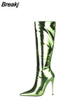 Classics Women High Heel Boots Patent Leather Back Zipper Square Toe Plush In Shoes Punk Style Knee-length Boots