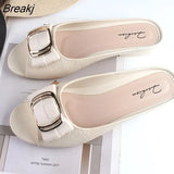 Ladies Sandals Summer Half Slippers Women's Fashion Square Buckle Casual Thick Heel Outer Wear Flat