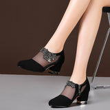 Women High Heel Shoes Fashion Mesh Breathable Pumps Pointed Thick Heels Female Dress Shoes Rhinestone Elegant