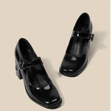 New Mary Jane Shoes Female Retro English Style Hepburn Black High Heel One-Word Buckle Thick Heeled Square Head Single Shoe