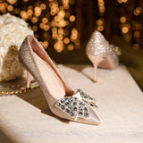 Rhinestone Wedding Bride Shoes Women 2023 Shiny Sequins Thin Heels Pumps Woman Sliver Bowknot Party High Heel Shoes