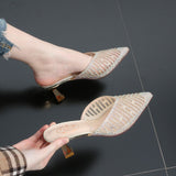 Mesh Slippers Women New Summer Shoes Women Fashion Pointed Slides Spike Heels Beige Mules Shoes High Heels