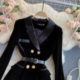 Vintage Women Winter Long Sleeve Velvet Dress Elegant Notched Collar Double Breasted Office Black Dress Slim with