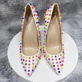 Multi-Color Spikes Women White Matte Pointy Toe High Heel Celebrity Party Shoes Sexy Ladies Slip On Thin Stiletto