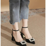 Strap Crystal Sandals for Women Pointed Toe High Heels Sandalias De Mujer Shiny Rhinestones Square Heeled