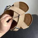 Summer Women's Cow Suede Leather Cork Sandals Two Buckle Flats Sandals Women Retro Roma Style Fashion Slippers