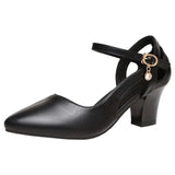 Women Classic Pointed Toe High Quality Black Leather Buckle Strap Square Heel Shoes Lady Office Pumps Sapatos Femininas