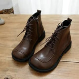 British Style Wide-Head Small Leather Boots Keep Warm Zipper Short Boots Student Literary Women Boots Womens Ankle