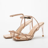 Summer New Women Sandals Fairy Style Square Head Silver Rhinestone Slim Band Temperament One Word Band Versatile High