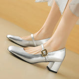 2024 New Silver Square-Headed Mary Jane Shoes With Thick Heels And Single Shoes With Shallow Mouth Buckle High-Heeled