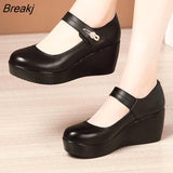2023 Spring Leather Shoes Women Platform Wedges Shoe High Heels Round Toe Comfortable Black Women Pumps Large Size