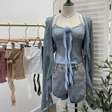 Real Shooting Pure Lust Style Set Hanging Neck Lace Hollow Sling Sling Vest + Short Lotus Leaf Side Shirt