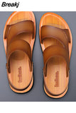 Summer New Fashion Men Shoes Vintage Real Leather Non-slip Beach Slip-On Sandals Travel Flip Flop Slippers Black