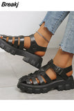 Womens Summer Sandals Hollow Flat Thick Bottom Roman Womens Sandals Buckle Womens Shoes Non-slip Outdoor Beach Shoes 2023