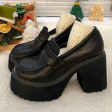 Pu Leather Women's Platform Loafers 2023 Gothic Black Chunky High Heels Pumps Woman Preppy Style Jk Uniform Shoes