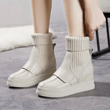 Boots Leather With Plush Wool Bobbin Rice White Thick Soles Women's Cotton Shoes Raised Short Boots Flat Heels Women's
