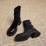Round Head Belt Buckle Boots 2024 New Soft Leather Thick Heels Martin Boots Women's Knitted Elastic Thin