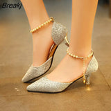 Pointed toe Pearl High heels shoes Female Fashion hollow with Sandals Paillette of the Thin Breathable shoes Women