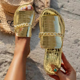 Summer New Gold Metal Chain Peep Toe Slippers Women’s Flat Luxury Outdoor Beach Flip Flop Female Sandals Trend Slides