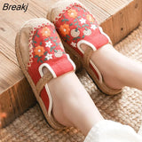Bohemian Women Linen Canvas Slip-On Flat Shoes Comfortable Retro Loafers Ladies Casual Embroidered Sneakers Hemp