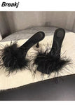 Women's Slippers and Ladies Sandals Black Slides Vintage Feather Shoes Heeled Summer 2023 Furry Wedding Sexy Fuzzy Unique Eva