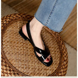 Leather Women Sandals Square Toe Buckle Strap Roman Shoes for Women Plus Size Low Heel Casual Beach Sandals Solid