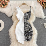 Women Dress 2023 New Stylish Plaid Print Patchwork Bodycon Mini Dress Spaghetti Strap Sleeveless Sexy Night Party