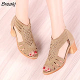 Toe PU Leather High heels sandals women 2023 Summer shoes women Fashion Bling Square heel Zipper Gladiator Wedding
