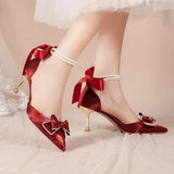 Ankle Strap Pumps Women Luxury Bowknot Red Dance Shoes Woman Sexy Pointed Toe Velvet Stiletto High Heels Sapatos