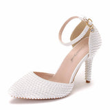 Breakj Cm White Pearl Tip-Pointed High-Heeled Sandals Fine Heel Size High Heeled Sandals Female Wedding Shoes