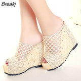 Summer New Wedge with Thick-bottomed Women's Platform Mesh Fish Mouth Hollow Sandals Fashion Slippers High-heeled Ladies