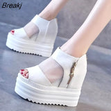 Women's Summer Sandals Wedges with High-heeled Sandals White Thick-bottom Fish Mouth Shoes New Internal Increase Shoe Cool