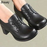 Women Pumps Office Handmade Lace Up Round Head Square Heel Shoes Women Genuine Leather Comfortable Women's
