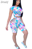 Women Tie Dye Print 2 Pieces Sets Tracksuits Crop Top Side Lace-Up Bandage Shorts Ladies Sexy Tracksuits Hollow