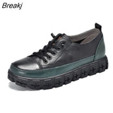 Sneakers Women Genuine Cow Leather Flats Round Toe Lace-Up Spring Autumn Lady Casual Flat Shoes Handmade Women