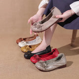 New Flat Bottom Low Heel Head Layer Cowhide Women's Shoes Ethnic Wind Flowers Leather Women's Single Shoes Middle-Aged And Elderly Mother