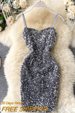Autumn Silver Sequined Bodycon Sexy Dress Women Spaghetti Strap Sleeveless Backless Christmas Party Dress