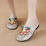 Summer New Flat Bottom Low Heel Women's Shoes National Wind Leather Flower Slippers Hollow Breathable Comfortable Hole Hole