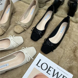 Tie Shallow Mouth Single Shoes Women's Thick Heels 2024 Spring And Autumn New Style Square Head Middle Heel Grandma Shoes High Heel Work