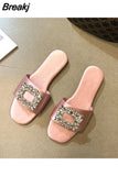 Women's Slippers Summer 2023 Rhinestones Flat Elegant Sandals Female Fashion Outdoor Beach Shoes Slides Chanclas Mujer