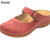 New Women Flat Shoes Mules For Women PU Leather Round Head Sandals Closed Toe Sandals Women Slipper Non-slip Retro