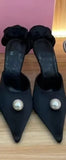 Breakj New Pointed Thin With Super High With Silk Rose Back Empty Pearl Large Size Baotou Slipper