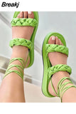 Women 2023 Fashion Woven Women's Sandals Summer Thick-soled Nude Lace-up Female Sandals Gladiator Beach Sandals