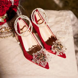 Pearl Chain Buckle Strap Thin High Heels Crystal Flower Decor Wedding Bridesmaid Shoes Temperament Party Prom Lady